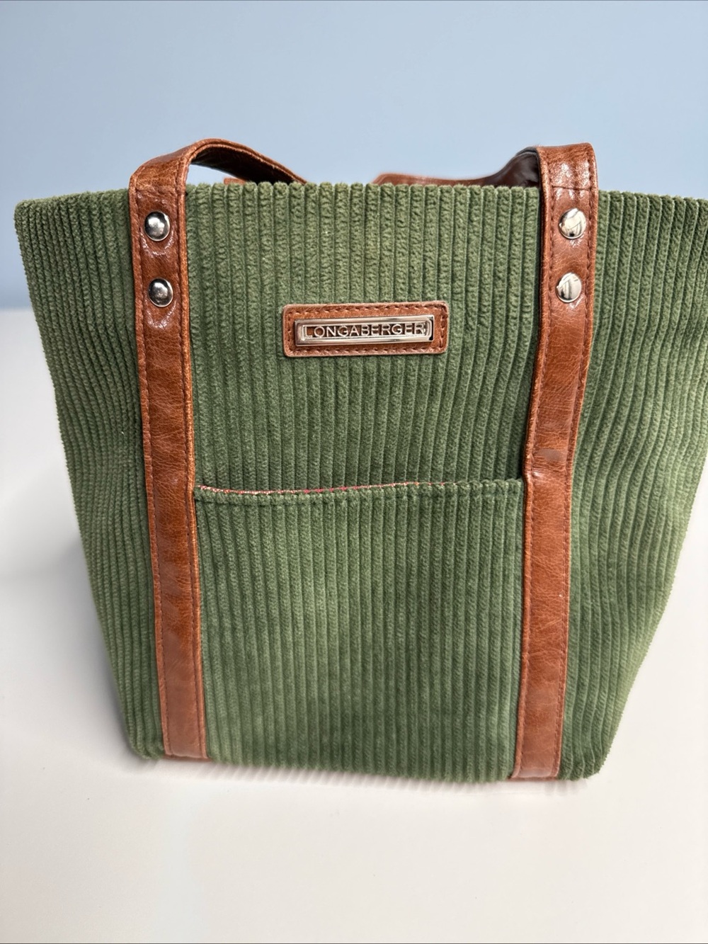 Longaberger Green Corduroy Tote with Brown Leather Accents